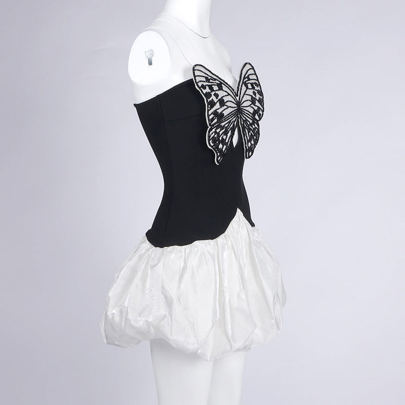 Butterfly Embroidered Bodice Puffball mini Dress in black