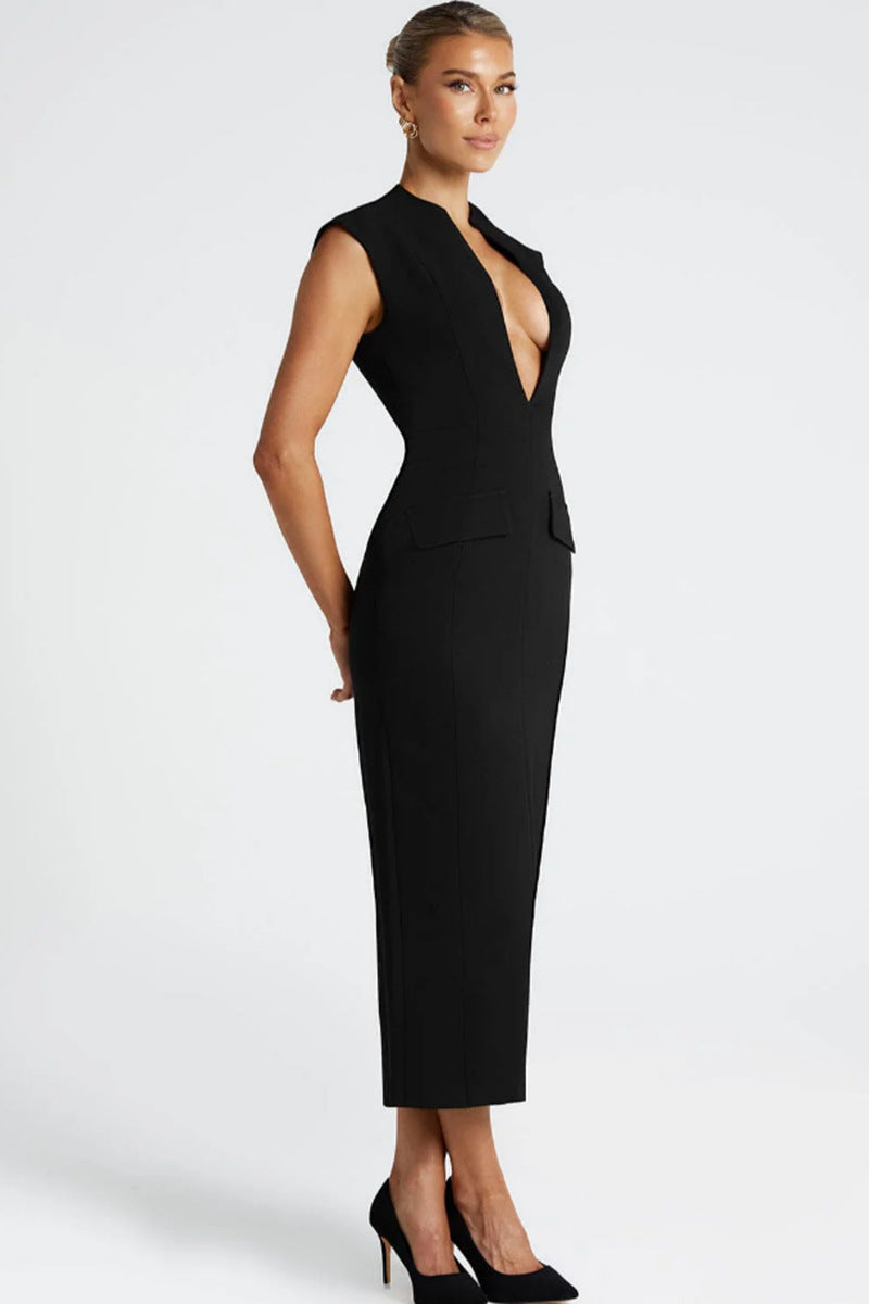 nellie v-neck bodycon midi dress in black