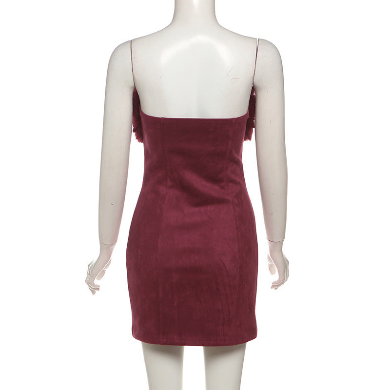 irene Fur Trim Bandage Mini Dress in Burgundy