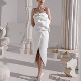 Valery 3d Flower Slit Midi Dress - White