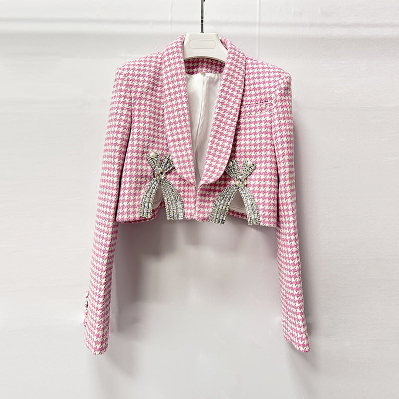 helen Embellished checked wool-blend blazer set in pink