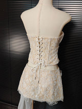 white Herringbone tube top floral ruffle mini dress suit