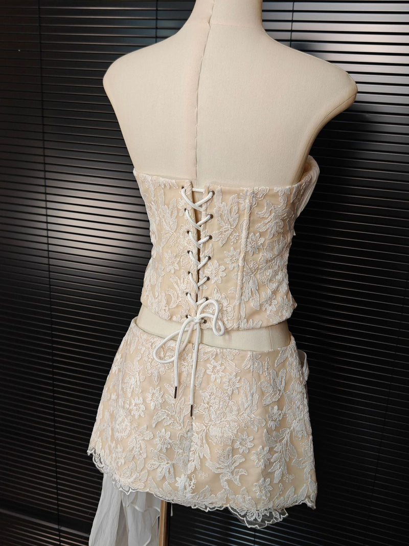 white Herringbone tube top floral ruffle mini dress suit