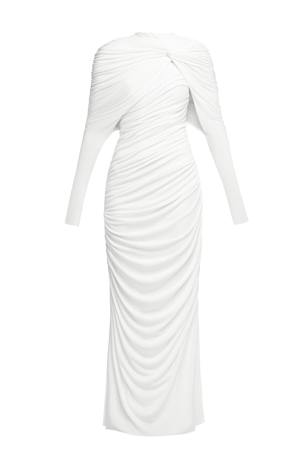 bonnie long sleeve pleated knot bodycon maxi dress in white