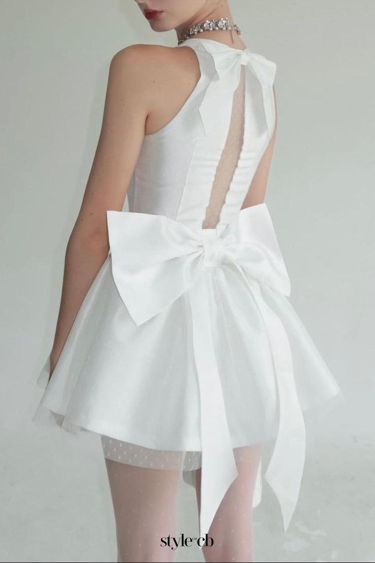 nora off-shoulder Backless lace bow mini dress in white