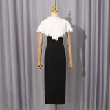 alice lace patchwork shawl bodycon midi dress in black