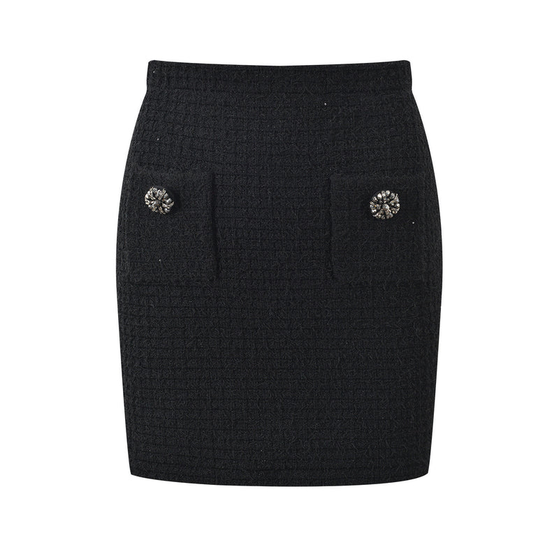 Textured knit jacket skirt suit in black