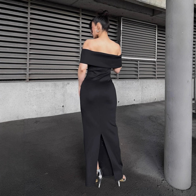 laurel Off-shoulder rhinestone bandage maxi dress in black