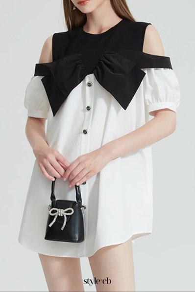 evelyn Off-shoulder contrast bow mini dress