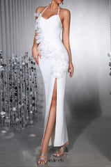 anila 3d floral halter high slit maxi dress in white