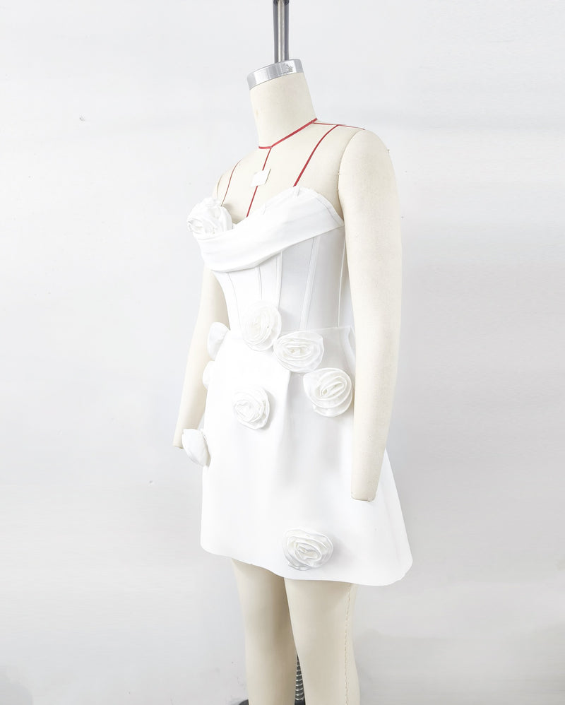 valerie 3d flower embellished strapless mini dress in white
