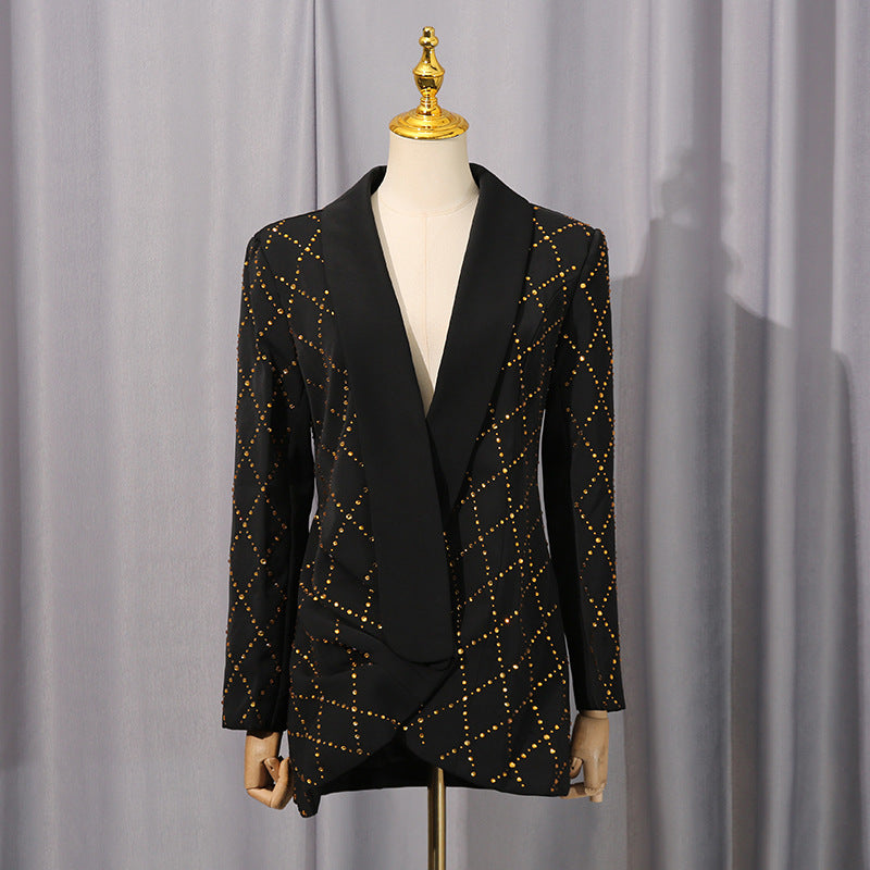 adelaide black Folded Collar Rhinestone Blazer