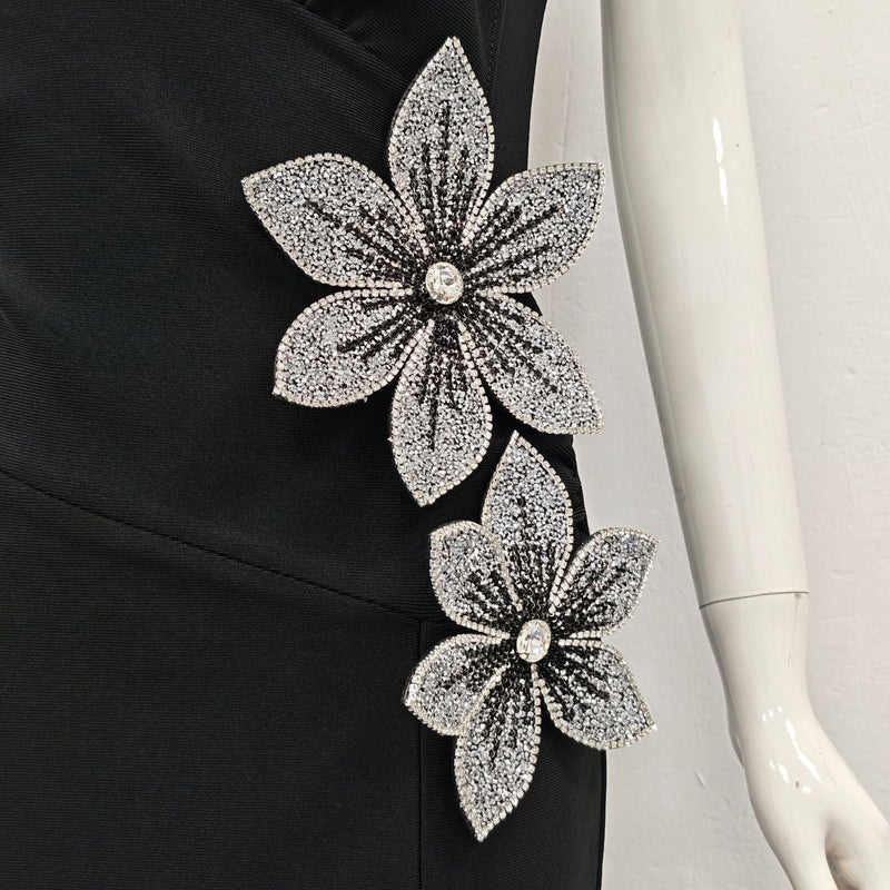 rita black 3D Floral Rhinestone Bodycon Slit Maxi Bandage Dress