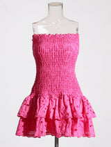 eyelet layered strapless mini dress in fuchsia