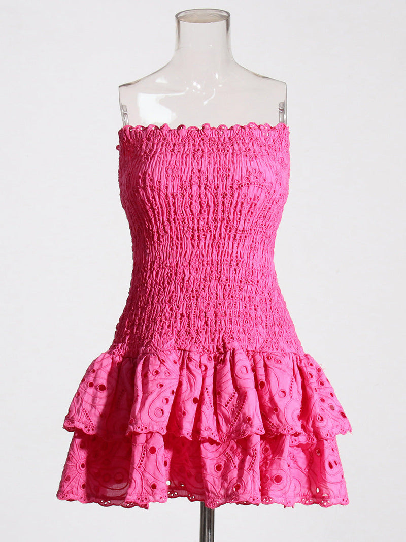 eyelet layered strapless mini dress in fuchsia
