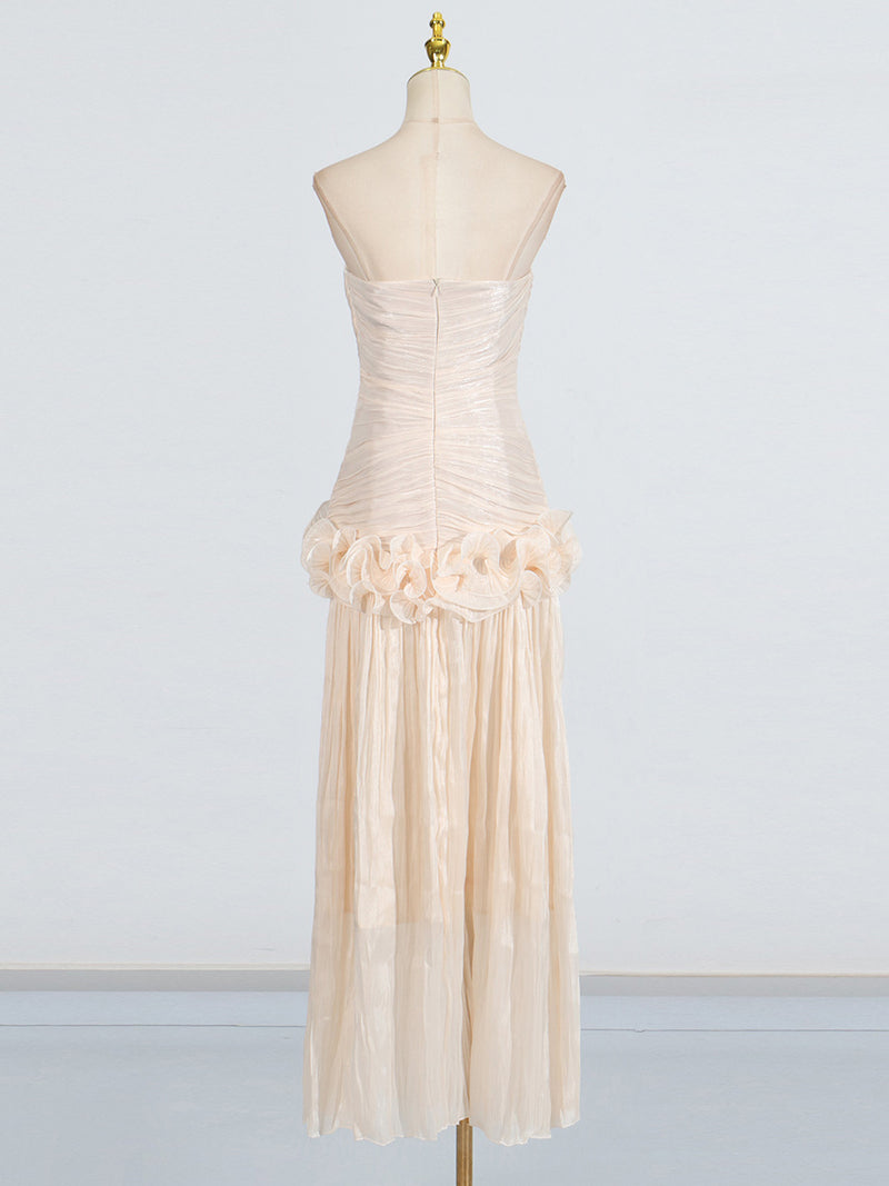 ruffle-embellished pleated maxi dress in apricot