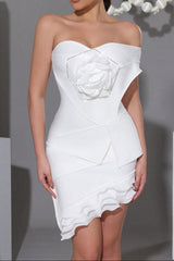 Flower Diamond ruffle trim Tube Top mini dress in white