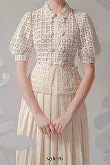 double breasted lantern sleeve lace top pleated skirt set in apricot