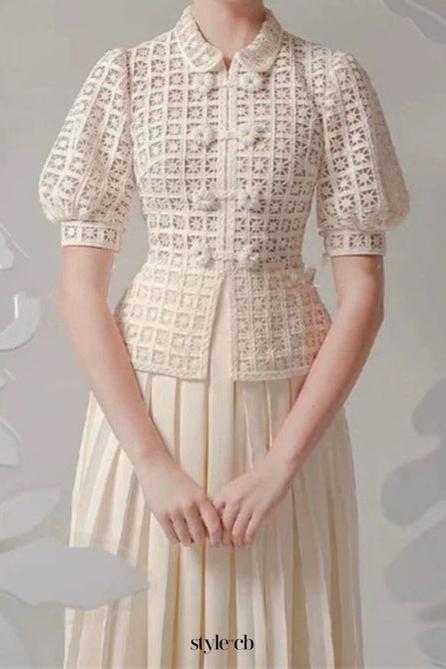 double breasted lantern sleeve lace top pleated skirt set in apricot