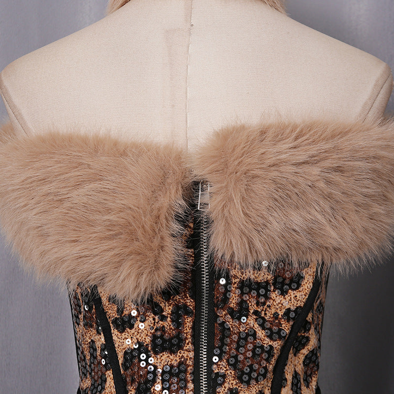 suzanne Leopard Fur Sequin Skirt Set