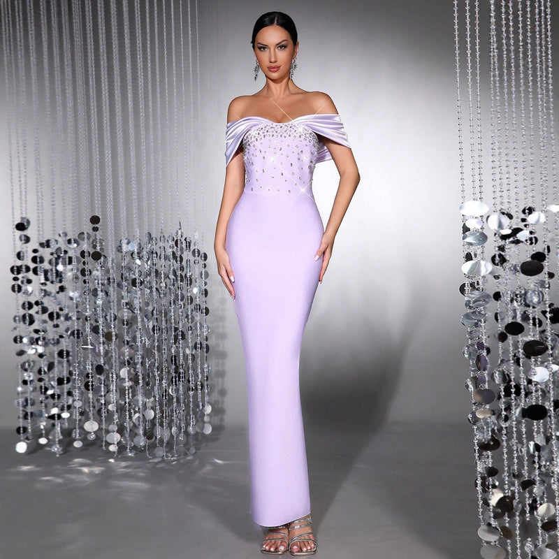 belen Diamond off-Shoulder bodycon Maxi Bandage Dress in pale purple