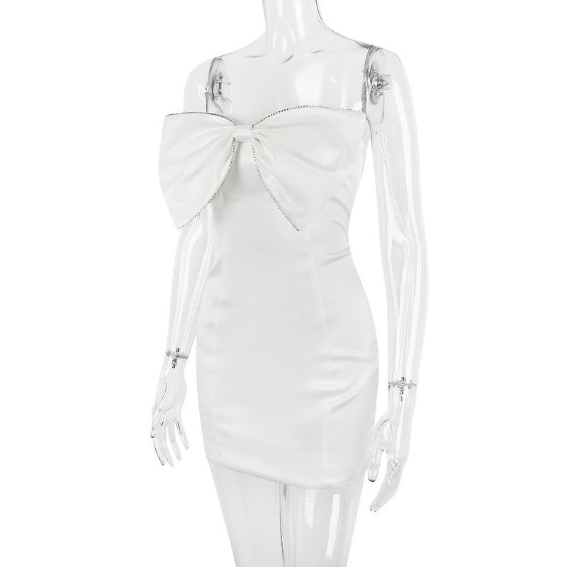 SATIN CRYSTAL EMBELLISHED BOW DRESS IN WHITE