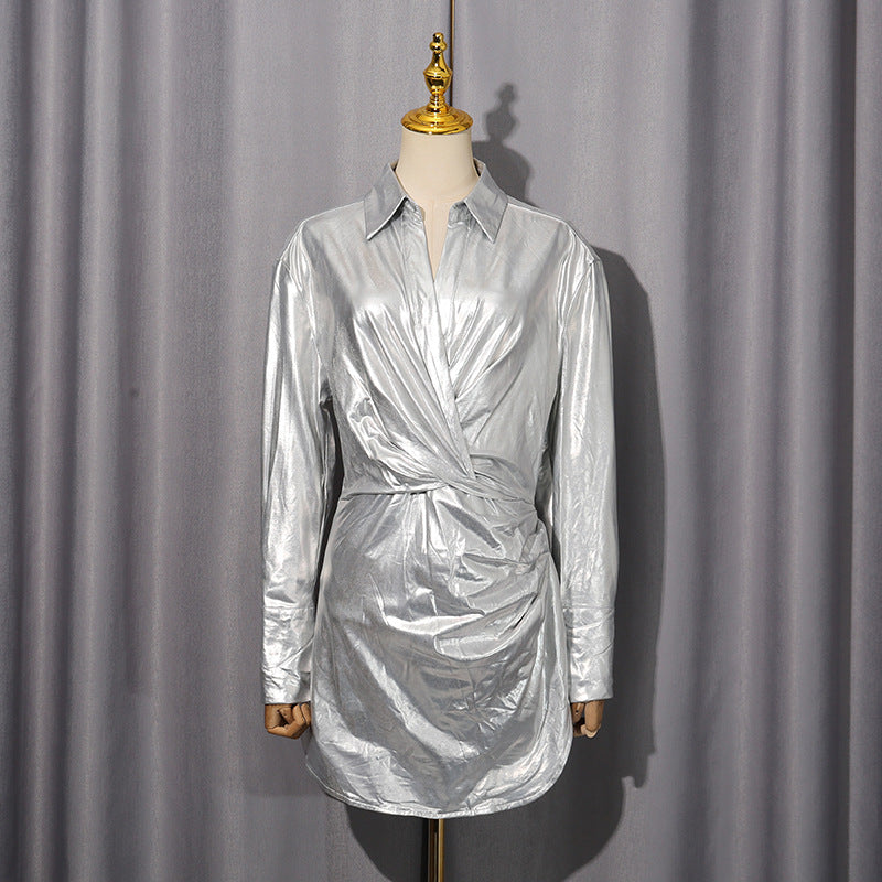maud Metallic pleated shirt mini Dress in silver