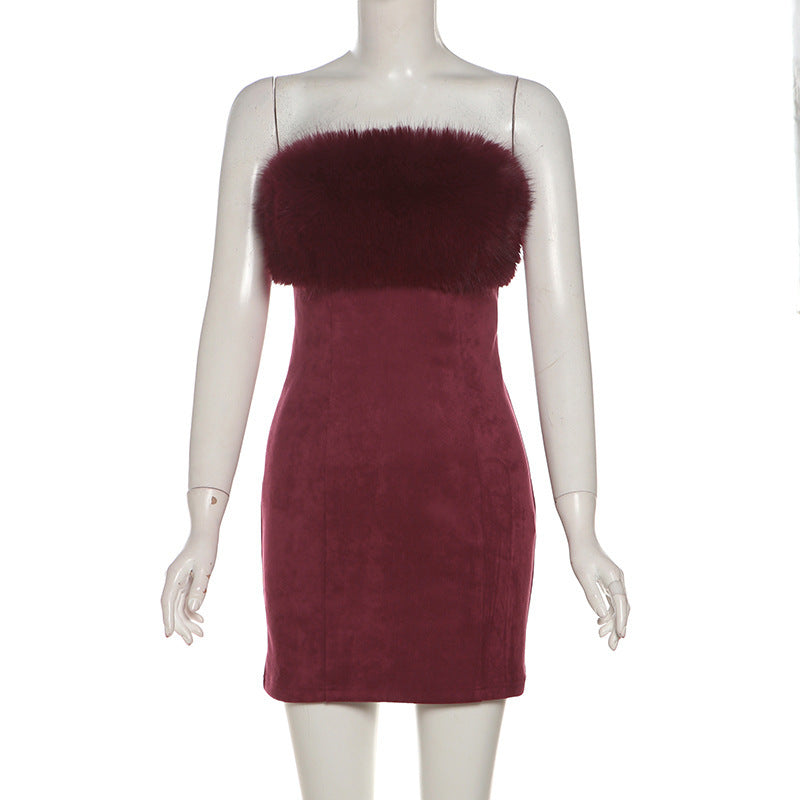 irene Fur Trim Bandage Mini Dress in Burgundy