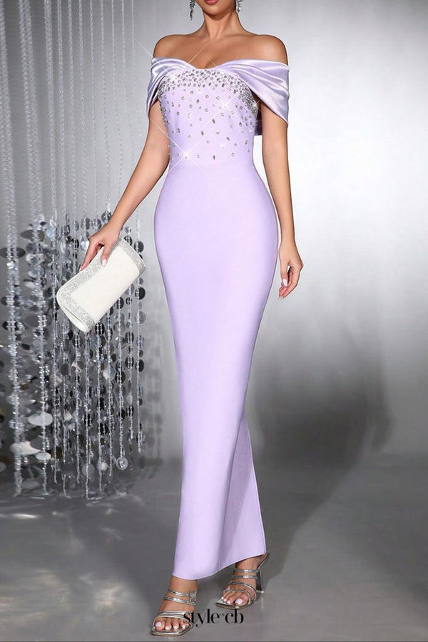 belen Diamond off-Shoulder bodycon Maxi Bandage Dress in pale purple