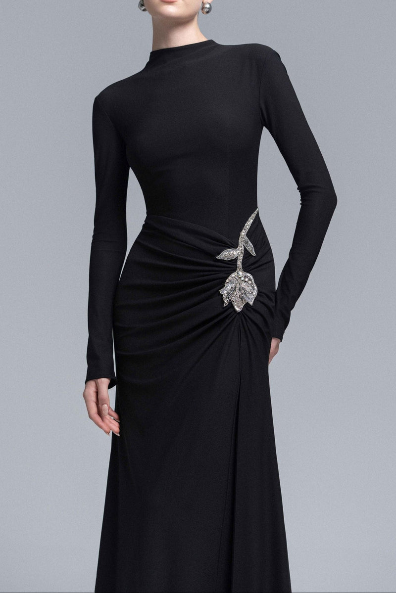 hedwig rose embellished gathered sheath gown in black