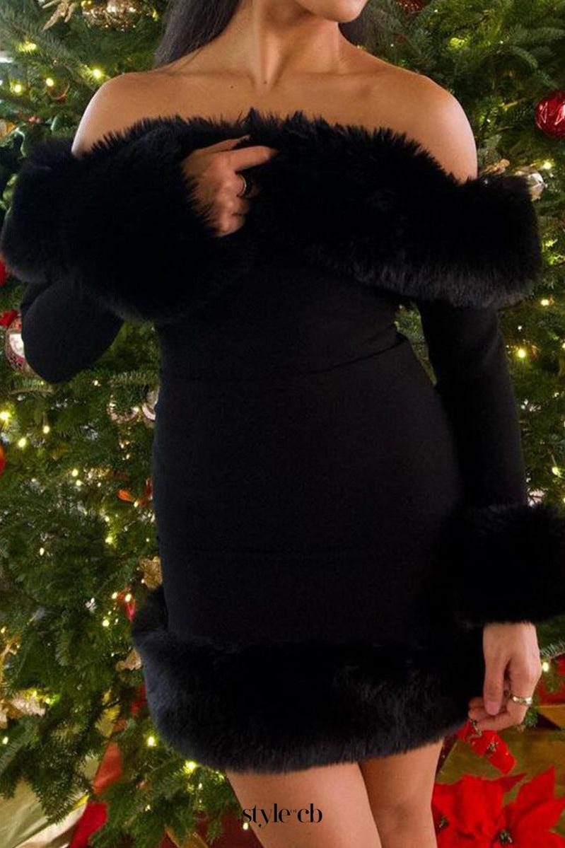 rita Black long-sleeve off-shoulder mini dress with fuzzy details