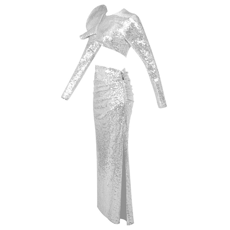 crop top drape skirt set in silver