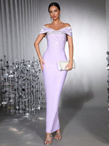belen Diamond off-Shoulder bodycon Maxi Bandage Dress in pale purple