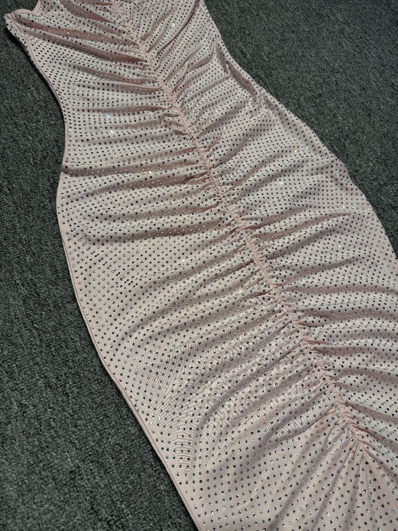 Hollow Mesh Rhinestone Sleeveless maxi Dress in pink