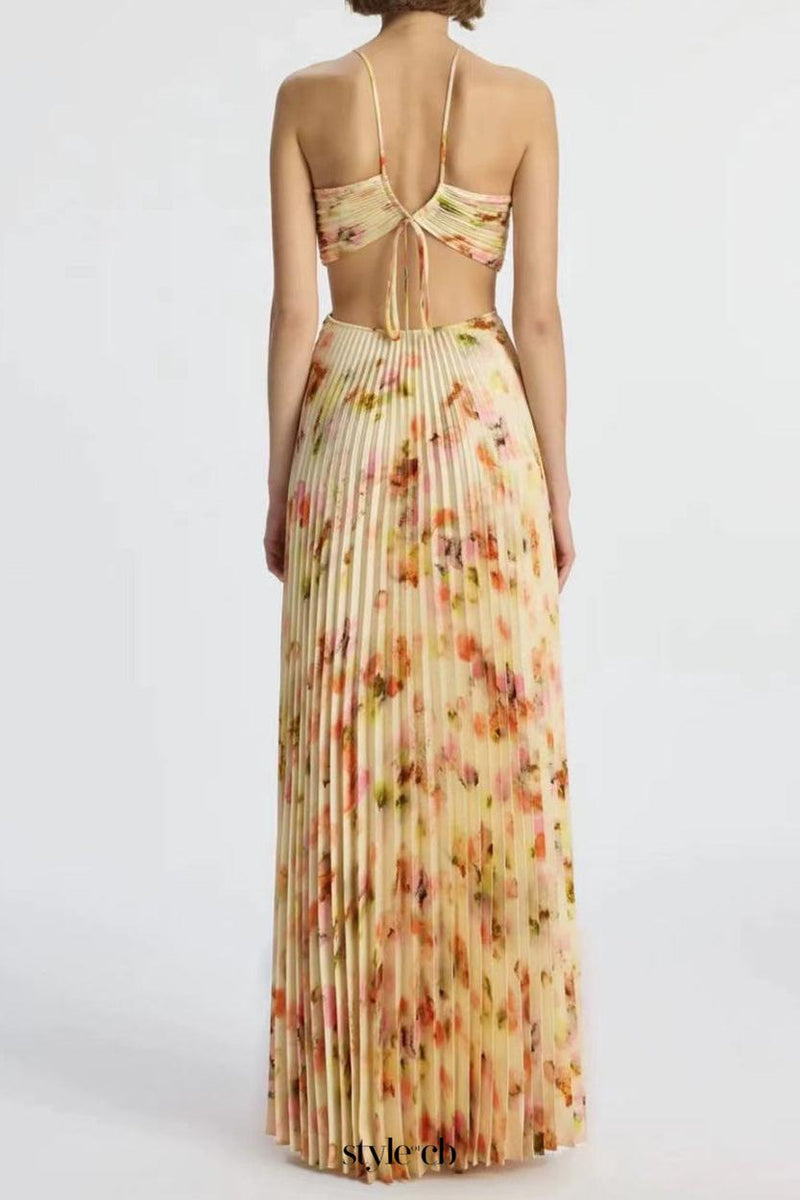 candice pleated floral maxi dress in yellow
