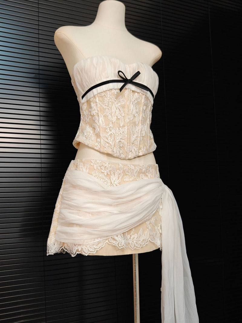 white Herringbone tube top floral ruffle mini dress suit