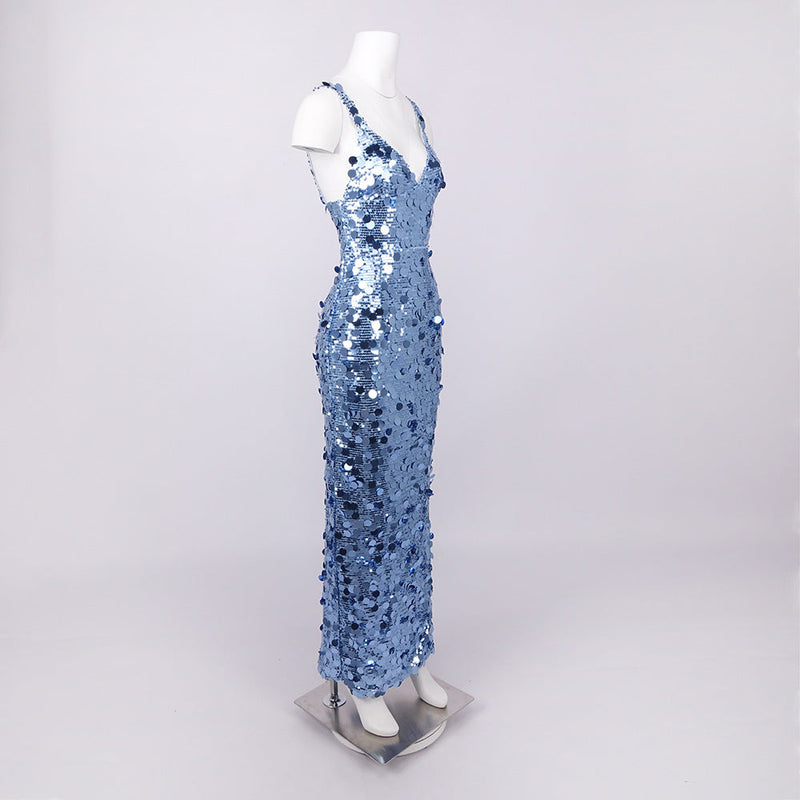 roberta Deep V-Neck Sequin Column Gown in blue