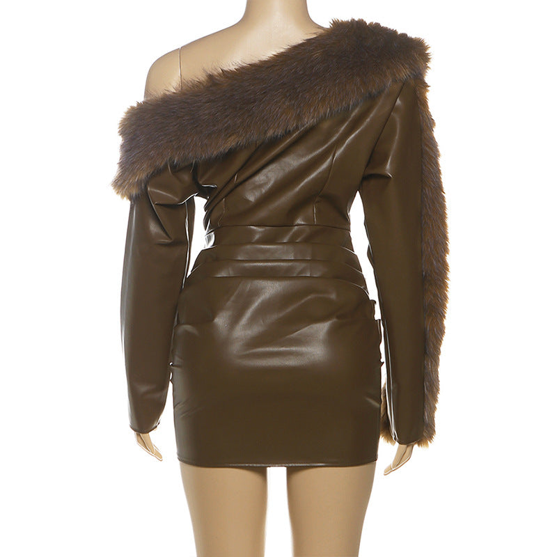 sibyl Leather fur collar asymmetrical mini dress in brown