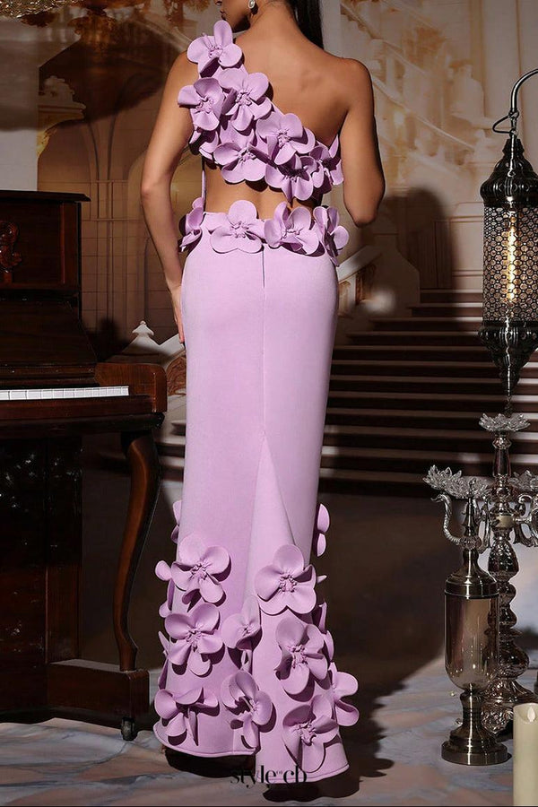 alma 3d flower one-shoulder bodycon maxi dress in purple