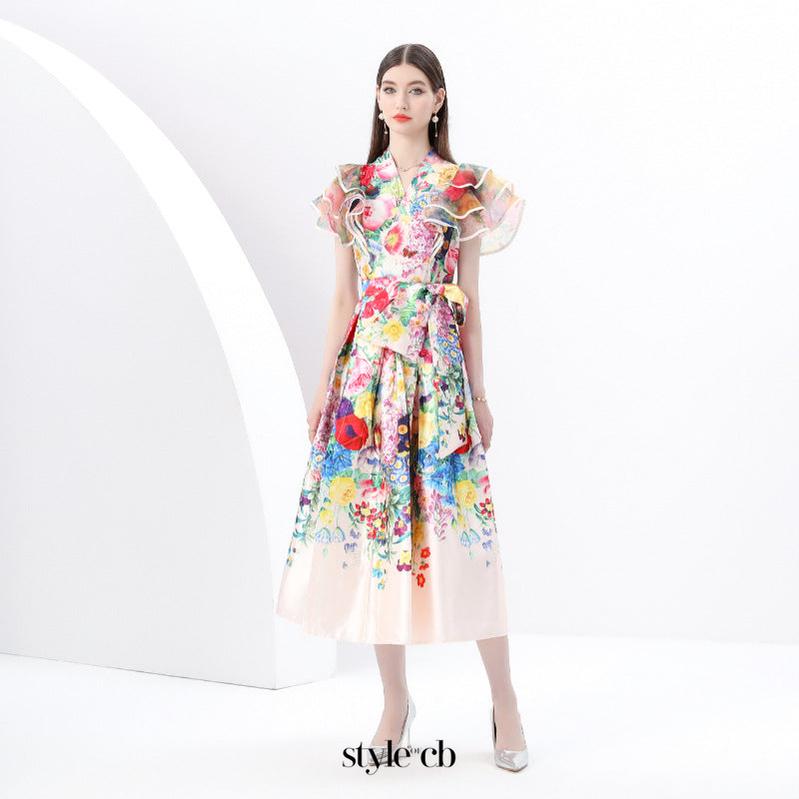 daphne ruffled a-line print midi dress