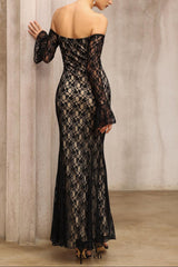 anna One-shoulder lace long sleeves maxi dress in black
