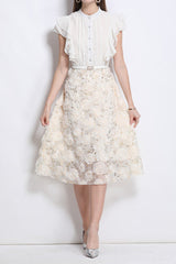 doris flower embellished ruffle sleeve midi dress in apricot