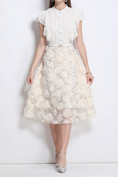 doris flower embellished ruffle sleeve midi dress in apricot