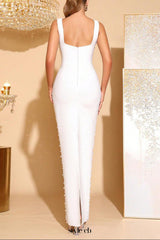 adela white flower Beaded square-neck elastic bandage maxi dress