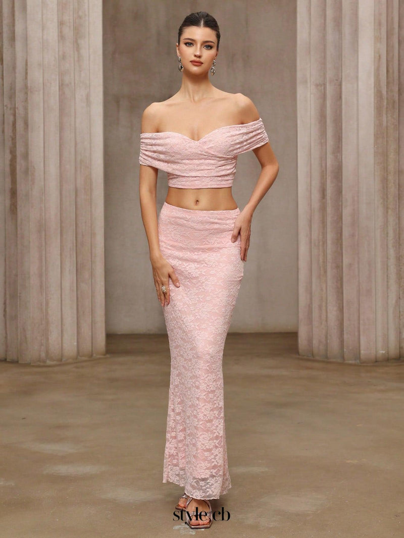 alice Pink lace off-shoulder top and skirt set