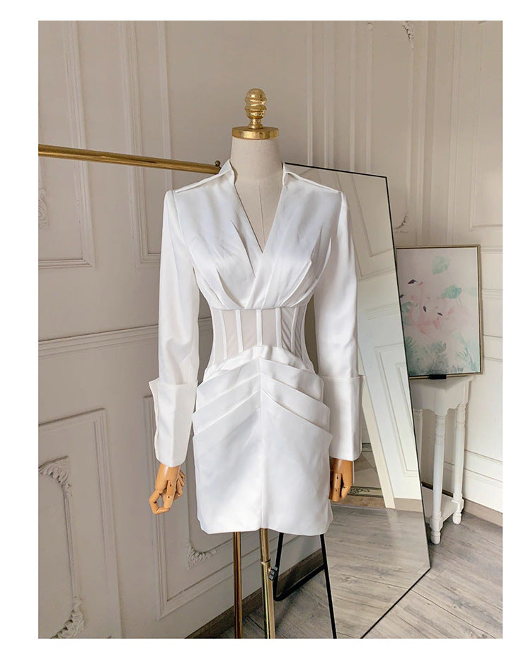 alyssa Deep V See-Through Fishbone Pleated Hip blazer mini dress in white