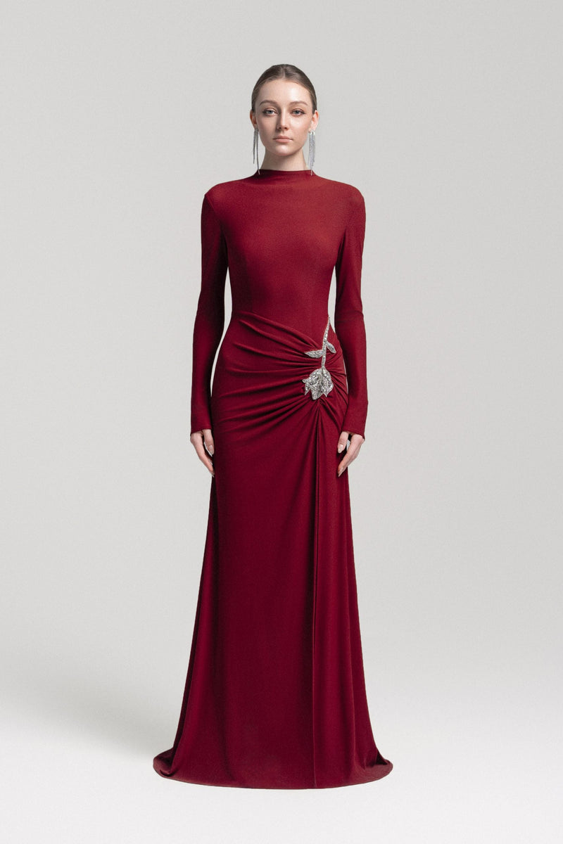 hedwig rose embellished gathered sheath gown in red