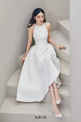 Sleeveless halter neck with diamond midi dress in white