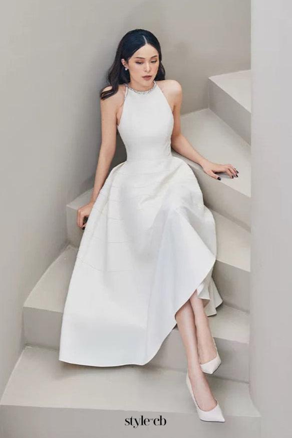 Sleeveless halter neck with diamond midi dress in white