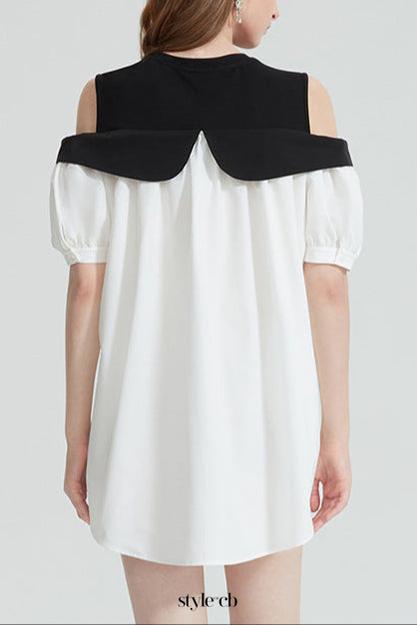 evelyn Off-shoulder contrast bow mini dress